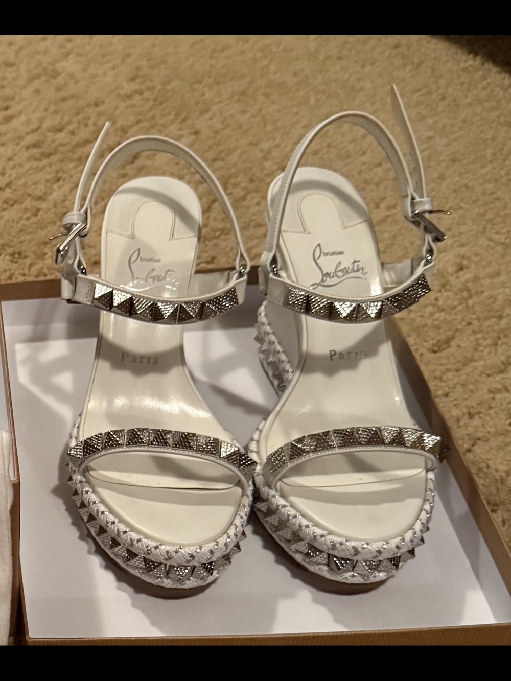 Christian Louboutin White Studded Platform Sandals - Picture 1 of 3